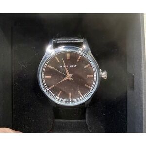 Nine West Mens Dress Watch Silver Tone Brown Dial Black Leather Strap NW2344